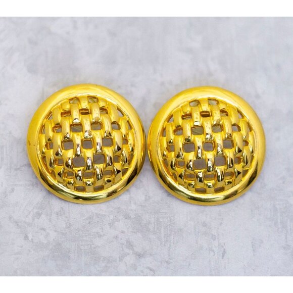 Vintage Circle Earrings, Gold Tone Earrings, Checkered Stud Earrings - CF1 - Picture 1 of 2